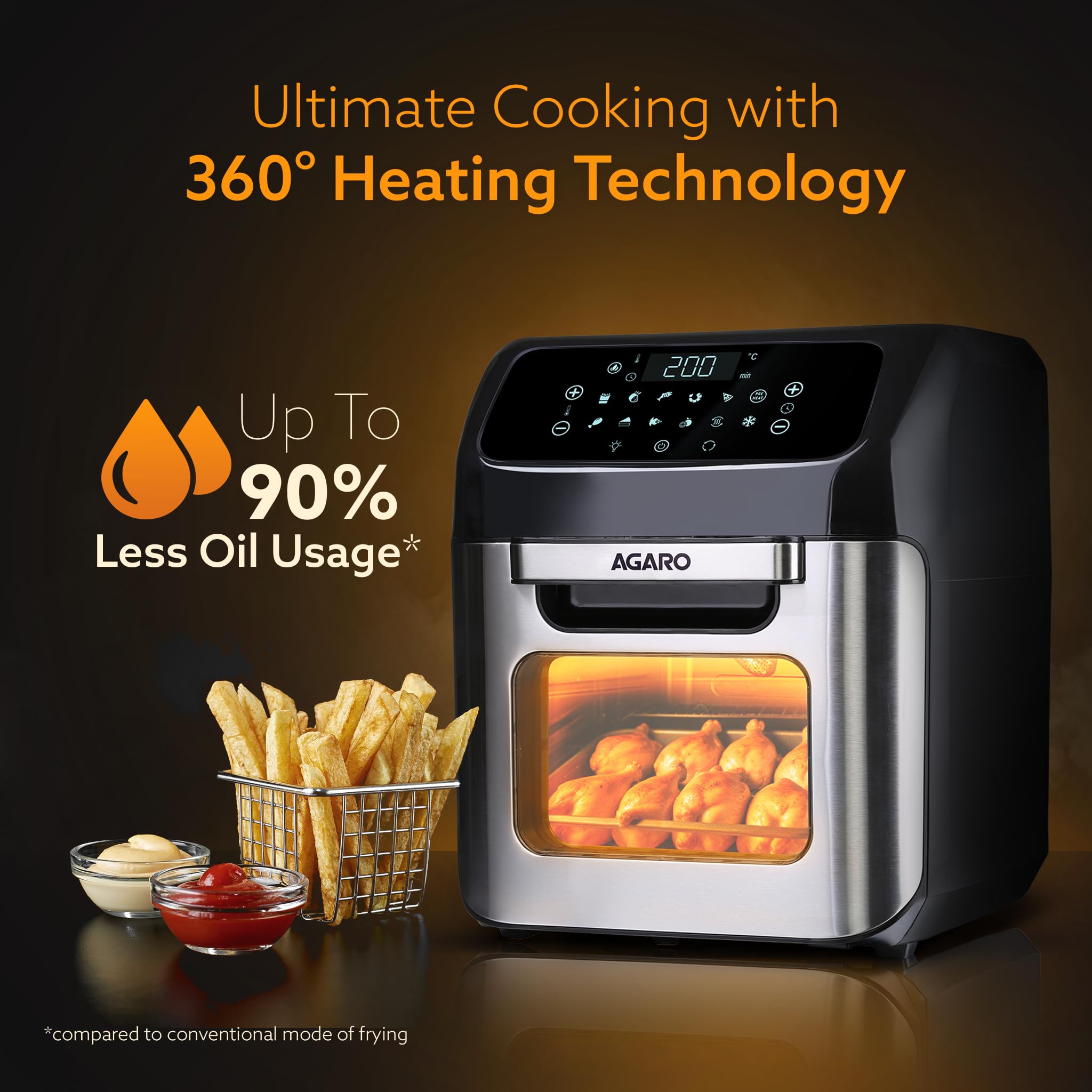 AGARO Regency Air Fryer For Home, 12L, Family Rotisserie Oven, 1800W, 9 Preset Menu, Electric Air Fryer Toaster Oven, Digital Di